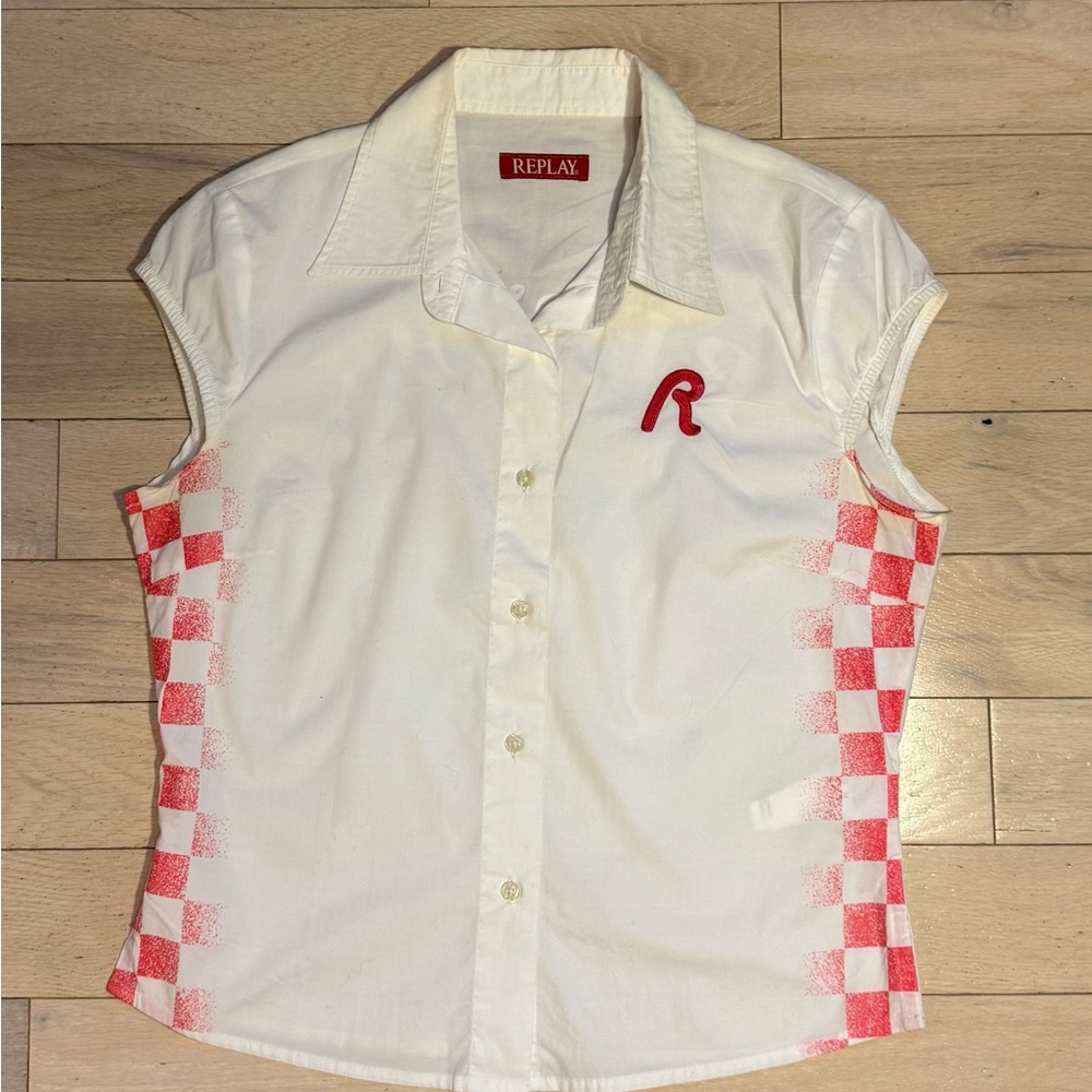 Replay White and Red Sleeveless Shirt